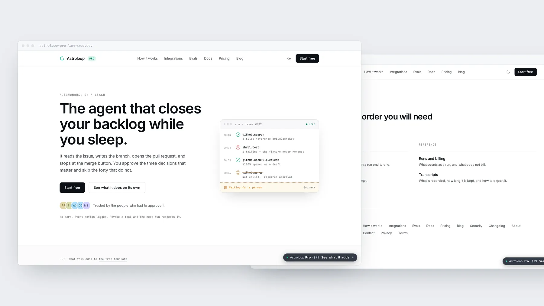 Astroloop Pro pages stacked: the home page over the reference section.