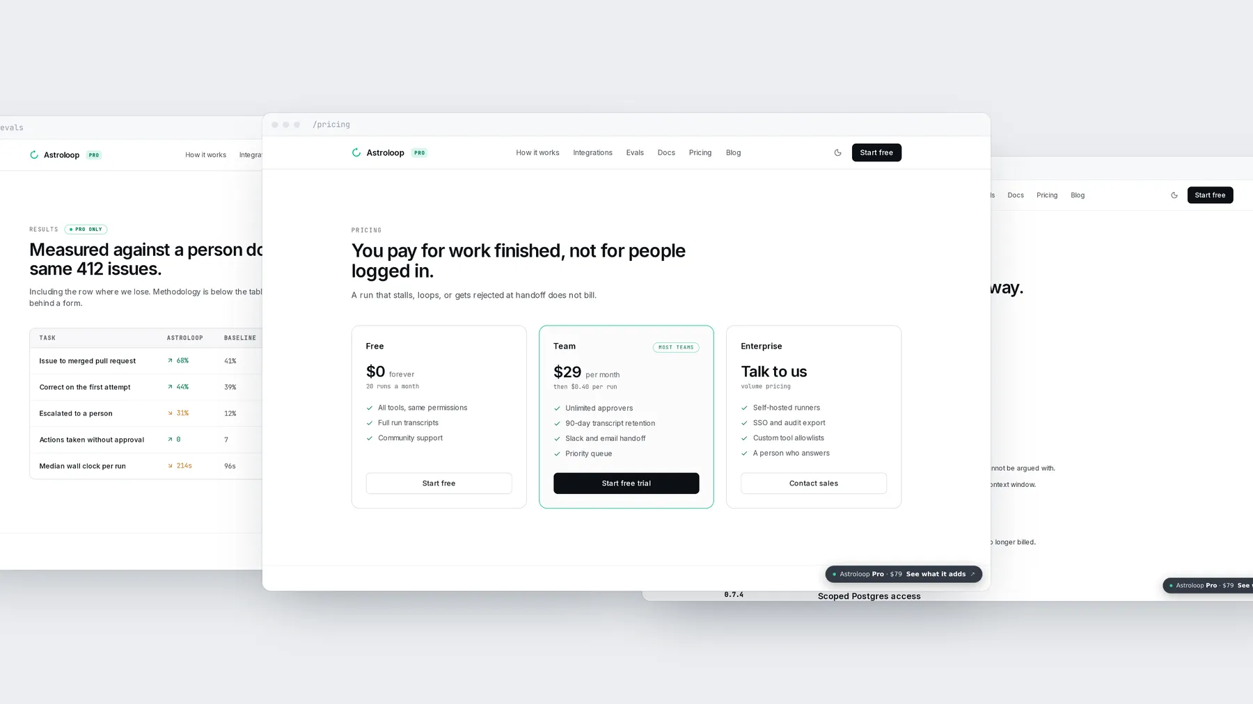 More Astroloop Pro pages stacked: pricing, evals and integrations.