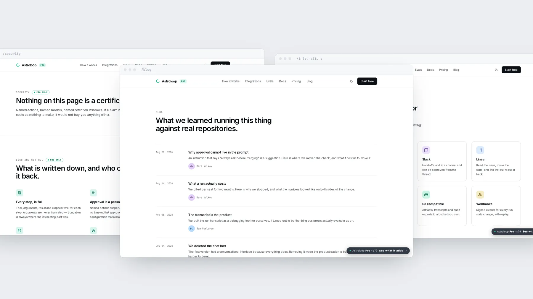 Astroloop Pro security, blog and integrations pages stacked.