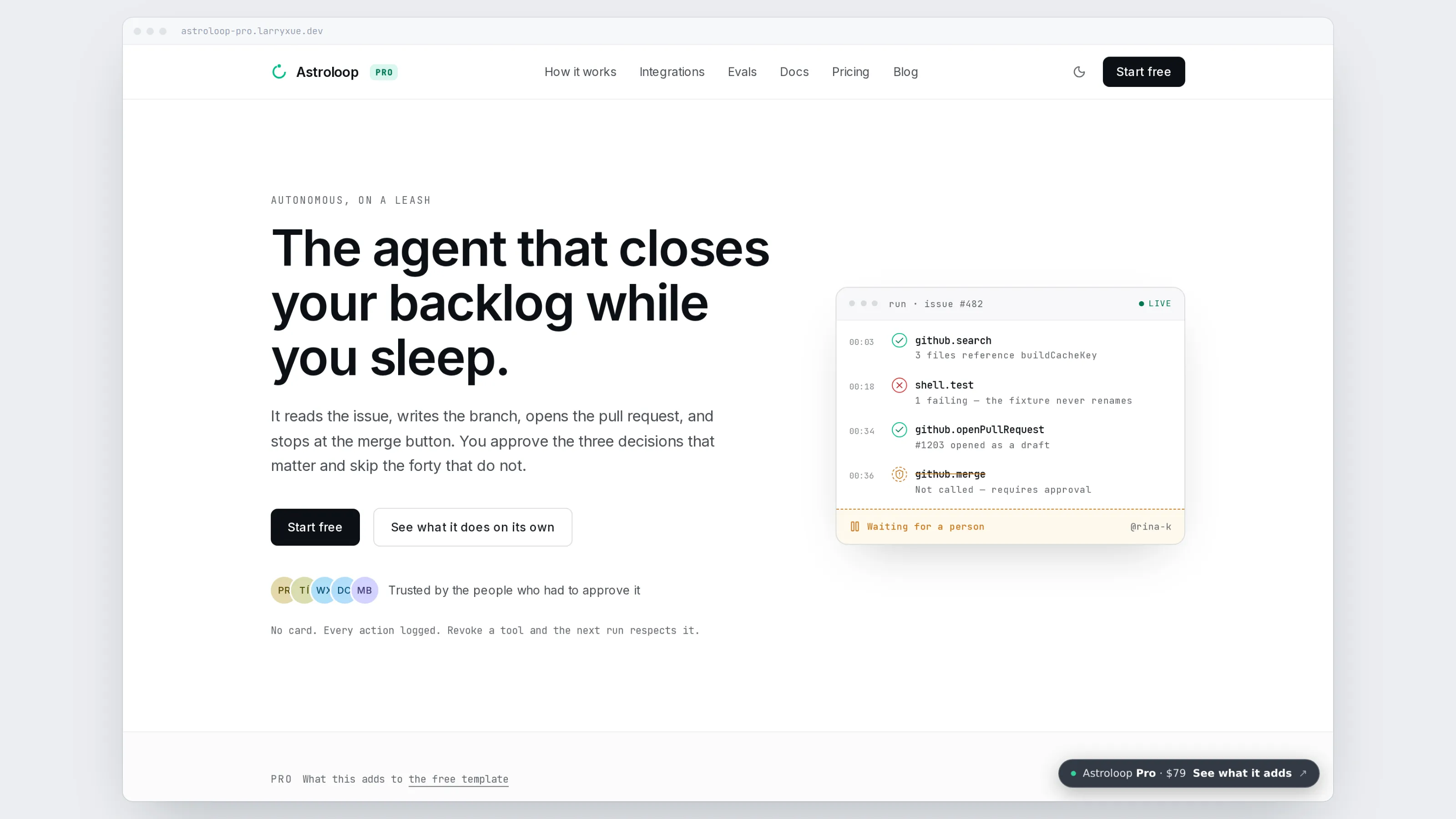 The Astroloop home page: a hero with an agent run card, and the loop diagram below it.