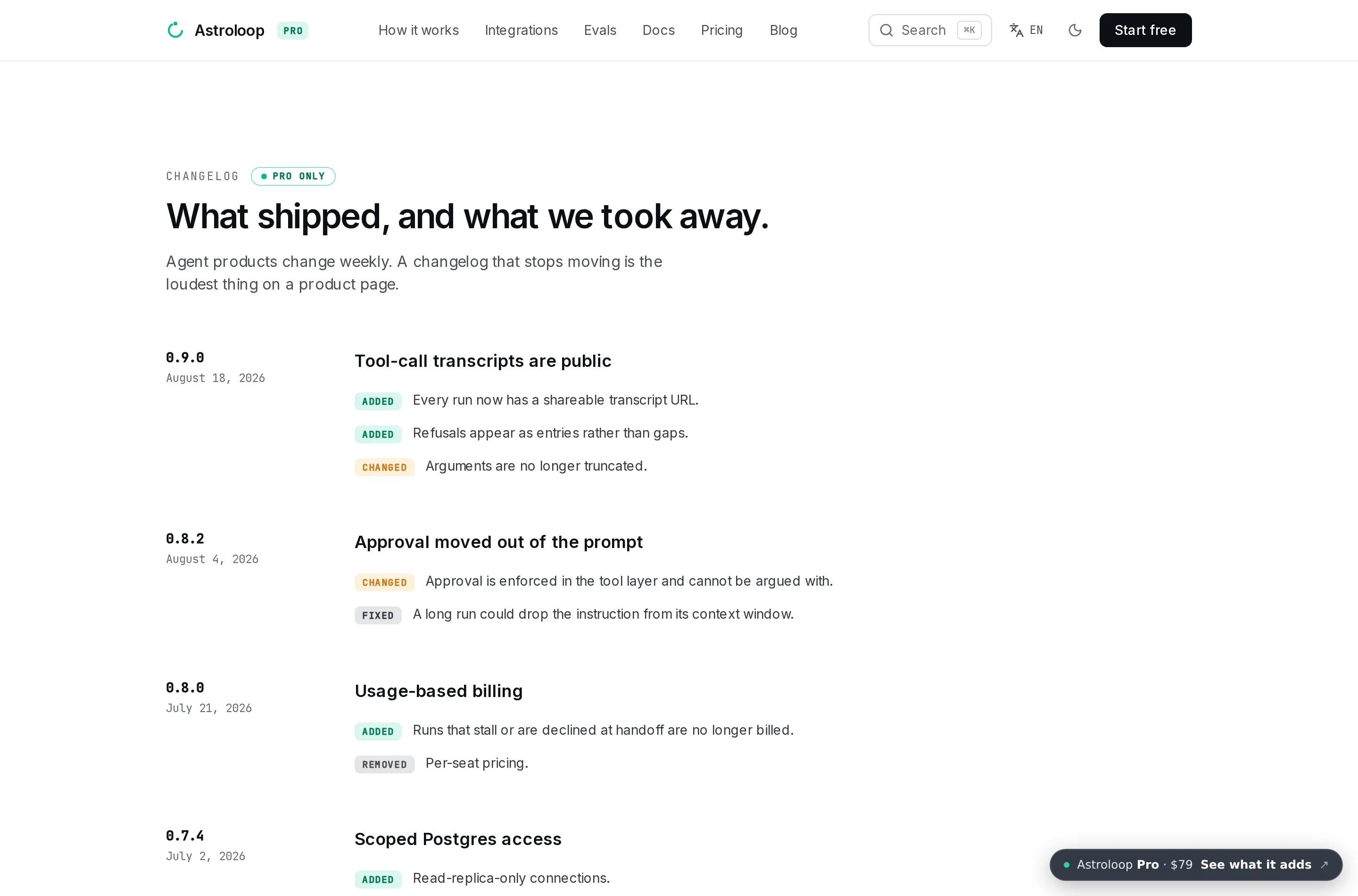 The Pro changelog page: dated entries down the page.