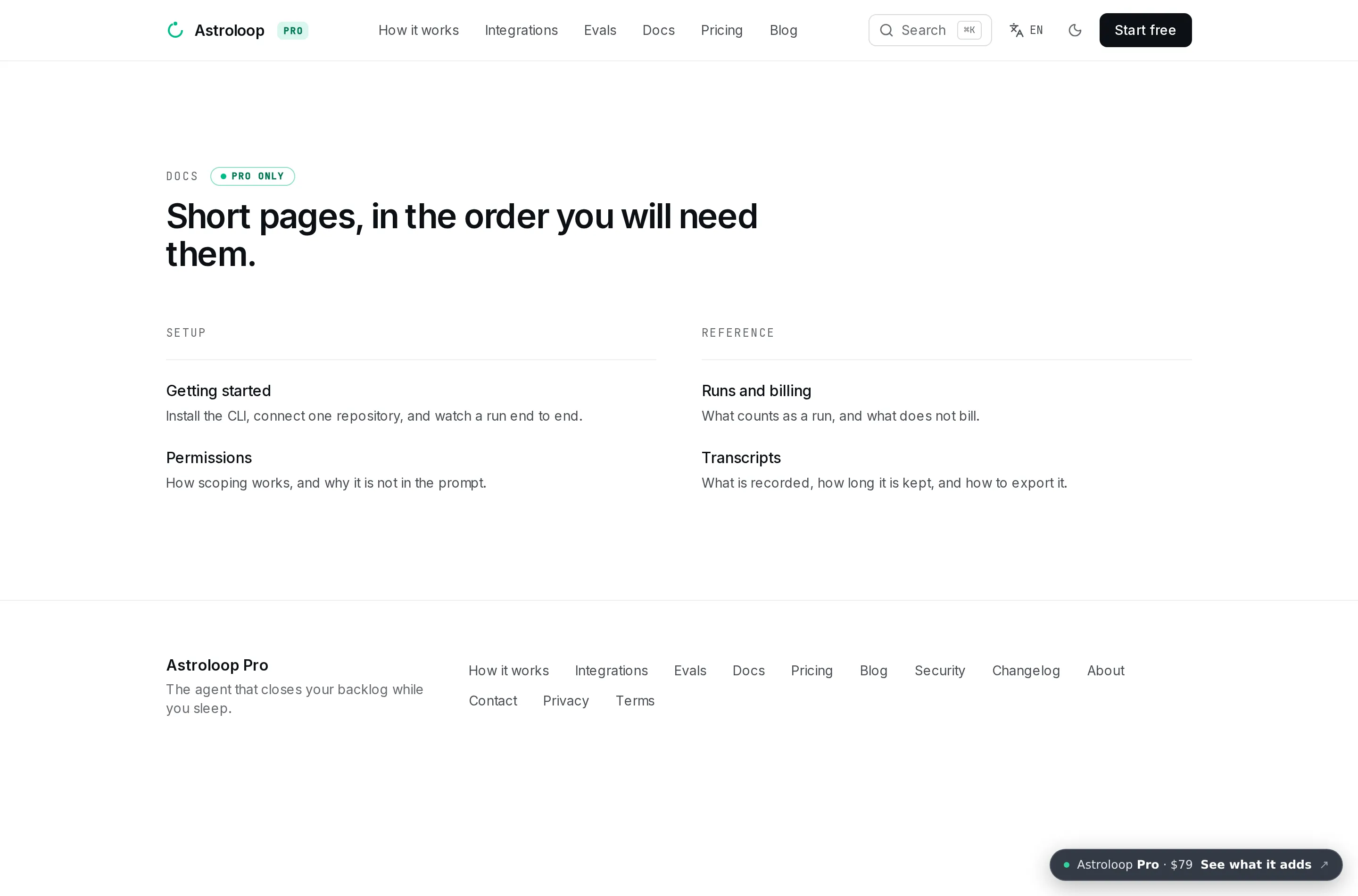 The Pro docs page: a sidebar of sections beside the article body.