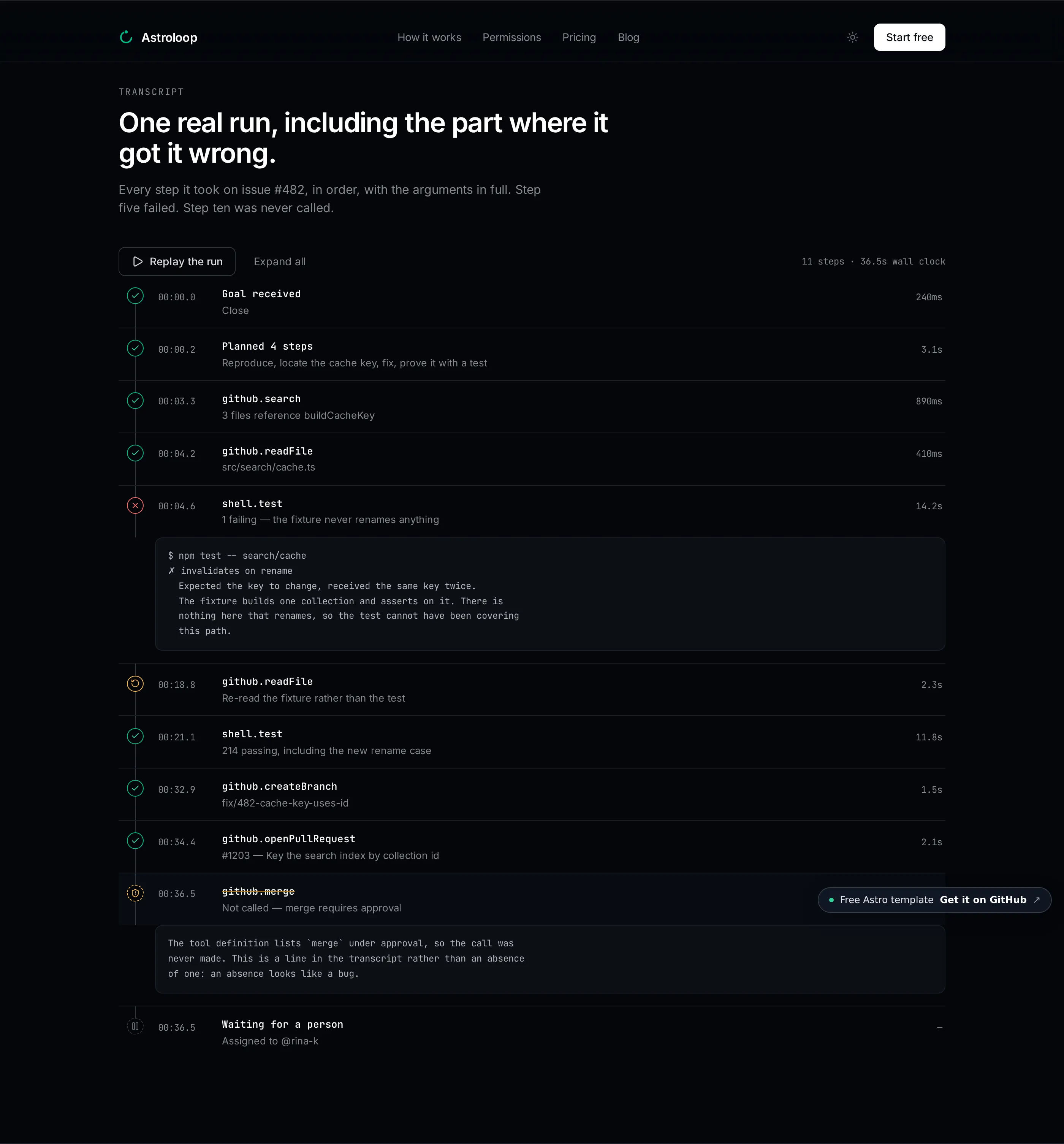 The tool-call timeline: one agent run replayed step by step, including a failed step and a refused call.